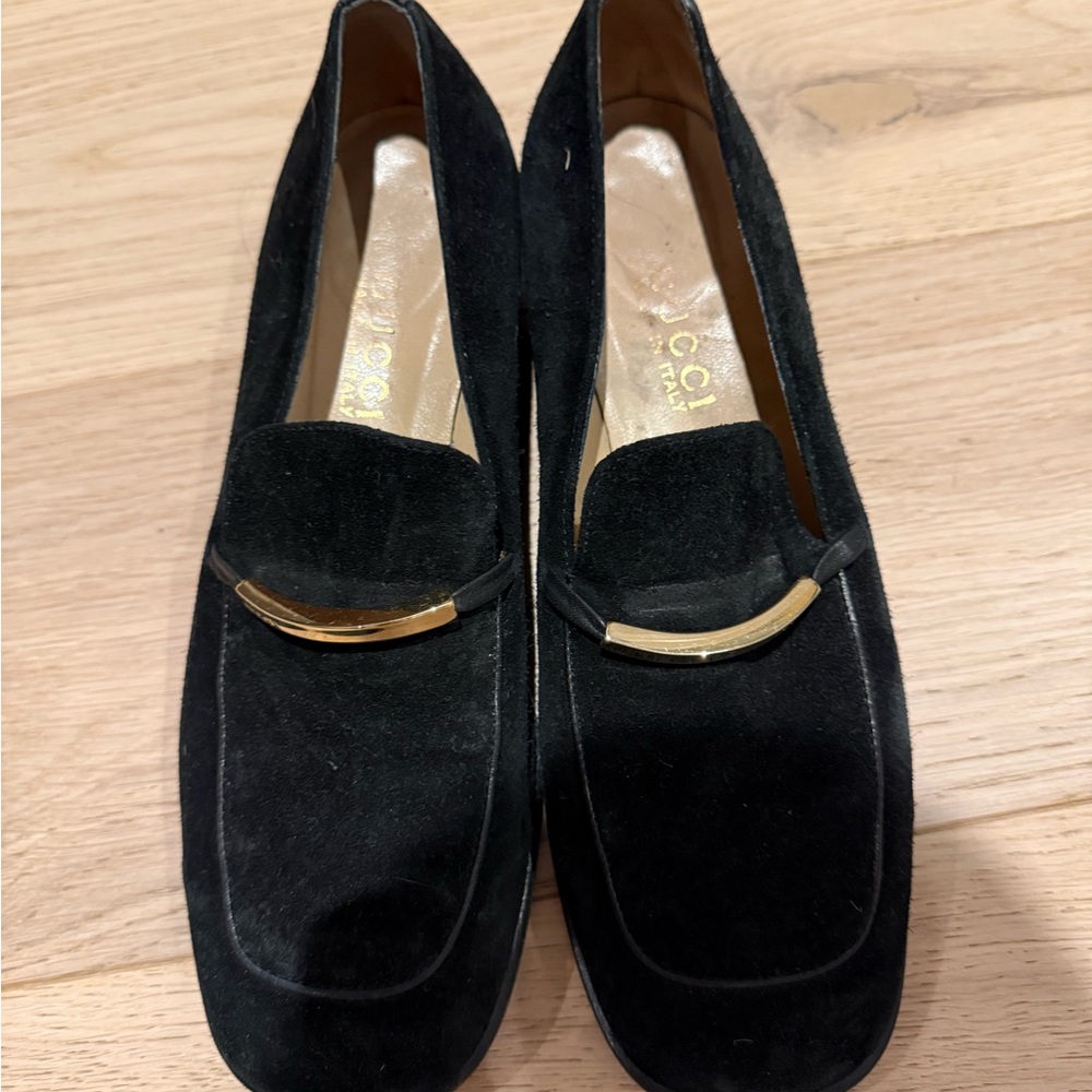 Gucci Black Suede Loafers with Gold Accent